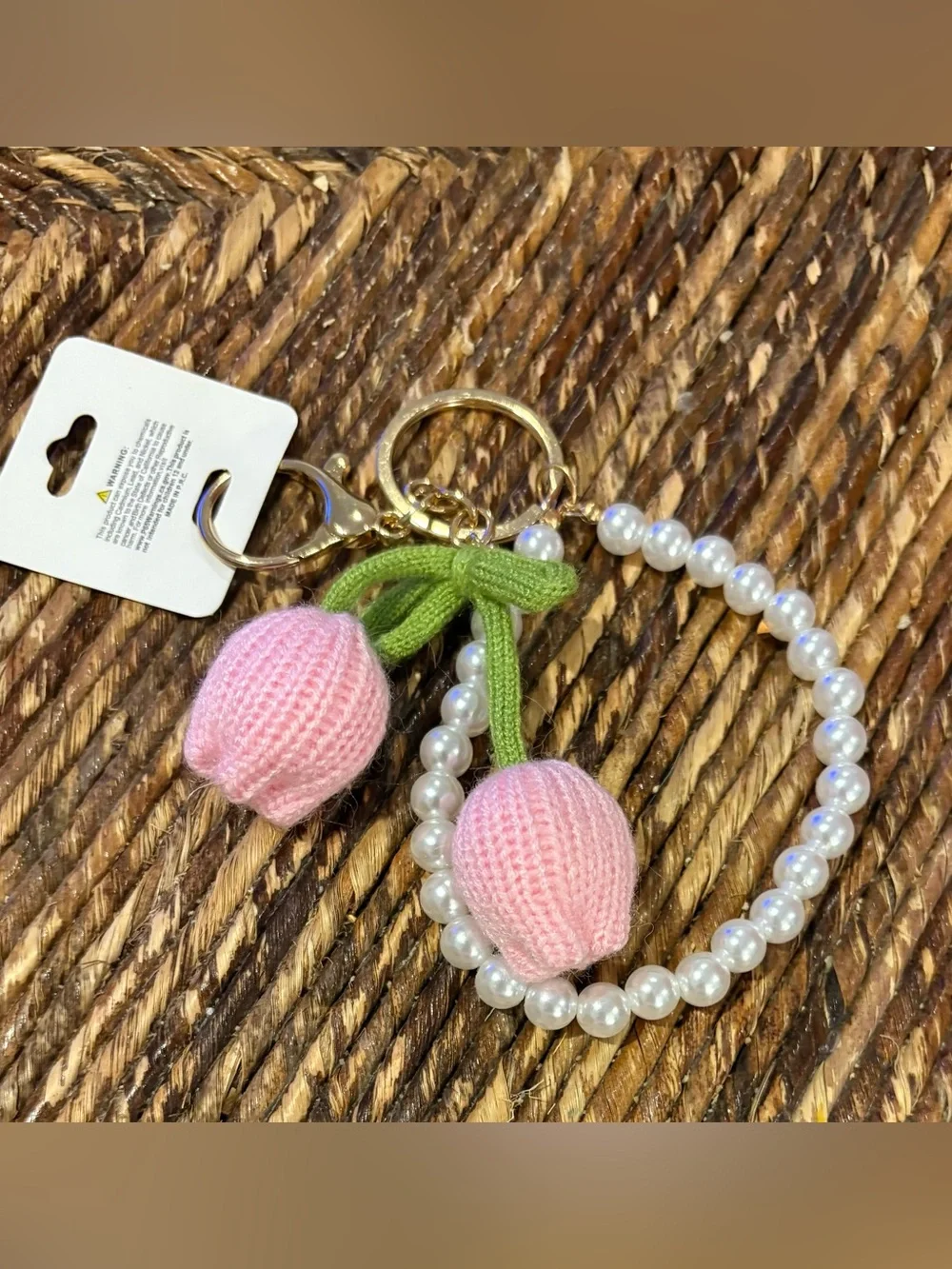 Pearl Beaded Bag Charm Key Chain with Crochet Tulips - NEW